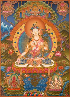 White Tara Kwan Yin Female Goddess Original Hand-Painted Tibetan Thangka